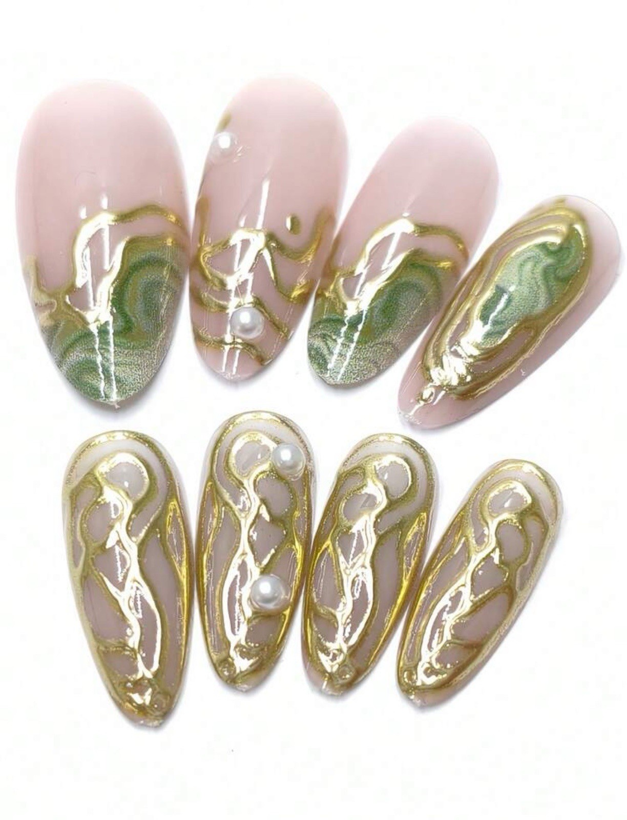 Reusable Long Almond Acrylic Press-On Nails Nude Green Gold 3D Marble