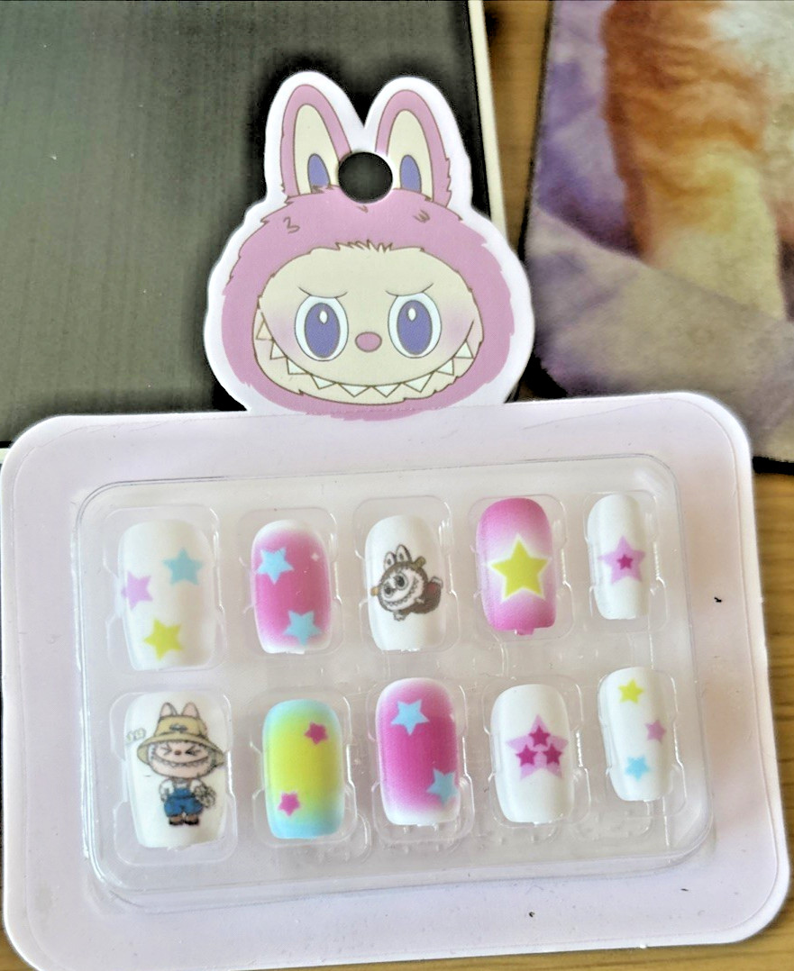 Kids Press on Nails Short Square Cute “Labubu” Design Colorful Minis – 9 Packs