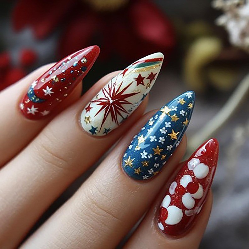 48pcs-4th of July Press on Nails, Long Almond with Star&Firework Designs, Glossy