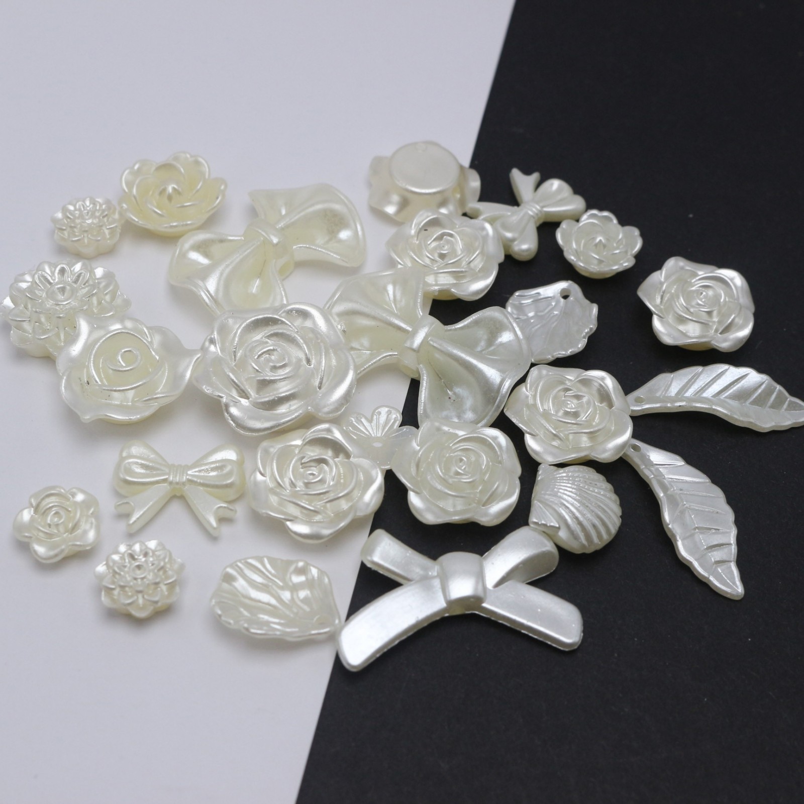 50pcs Mixed Baroque Pearl Beads Cabochons Flatback Flower Bows Leaves Cute Kawai