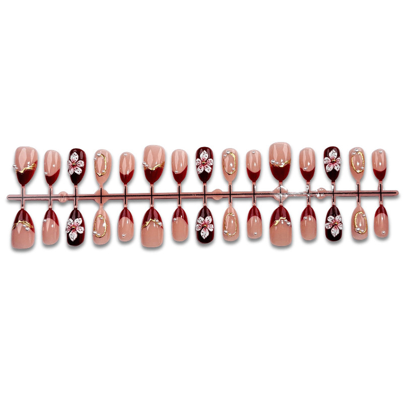 60Pcs Burgundy Floral Pearl Almond Press on Nails, Vintage Sweet Nude Fake Nails