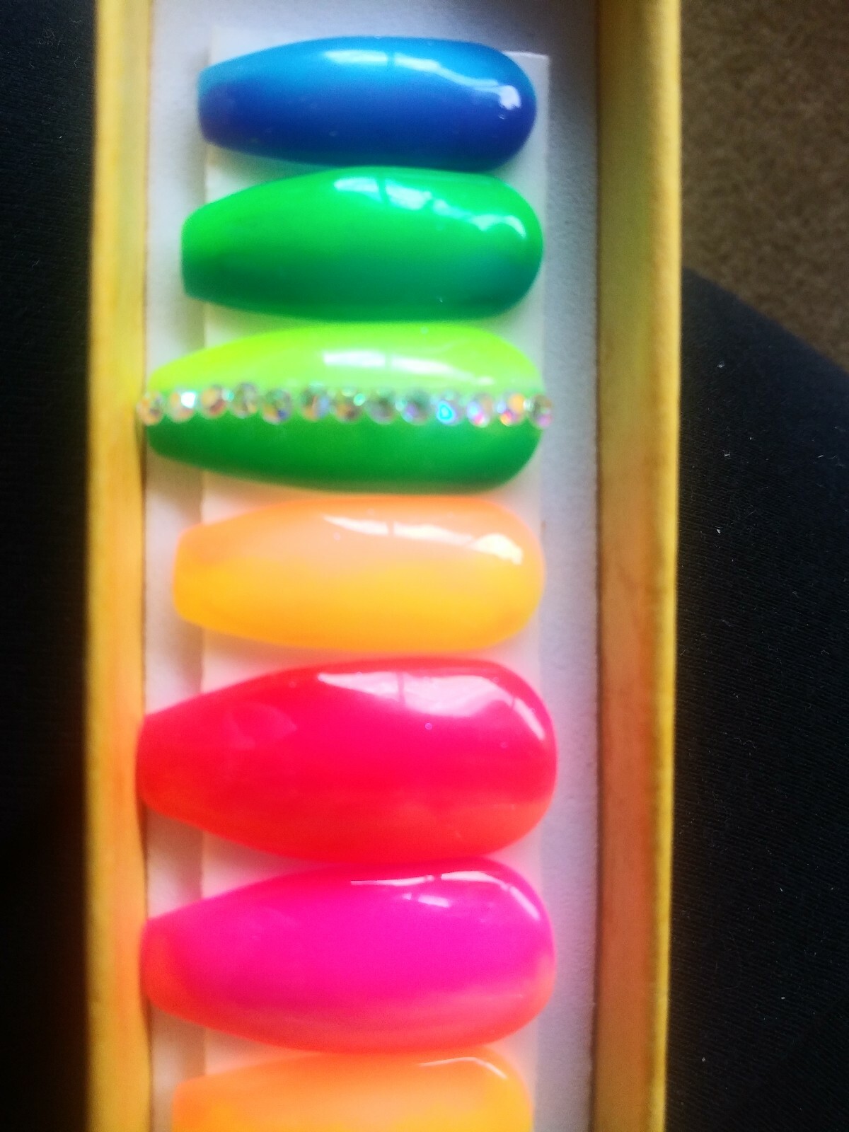Neon Rainbow ombre gel nails bling long coffin PRESS ON NAILS