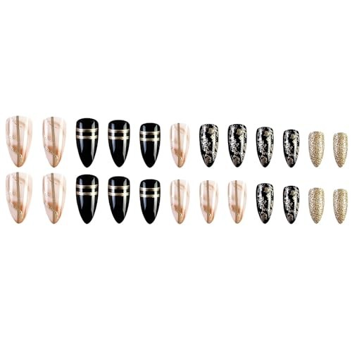 Black Amber Press on Nails Almond Fake Nails Medium Length Gold Foil style2