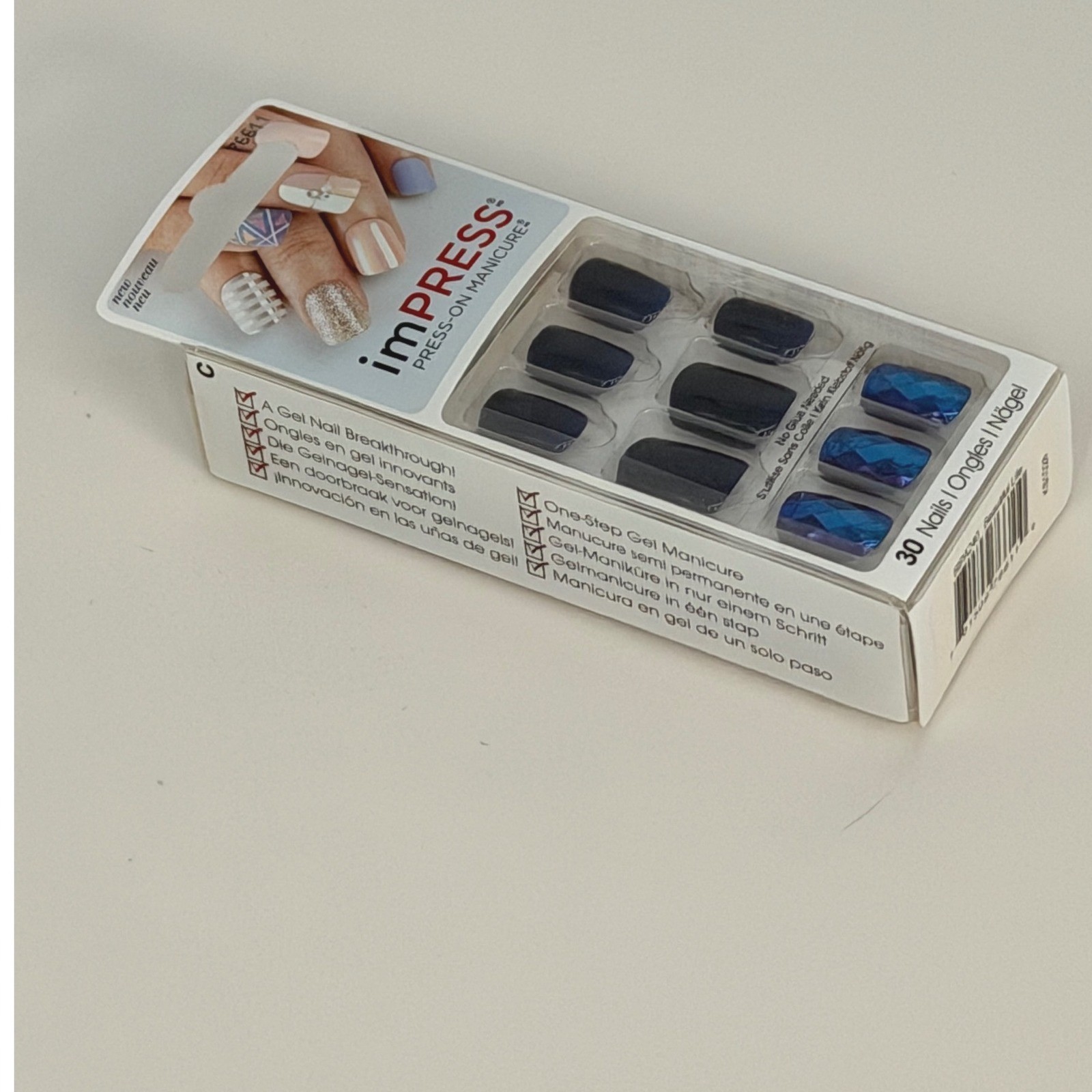 impress Press On Manicure 30 Nails Dark Blue Diamond Accent Short Square 94-22