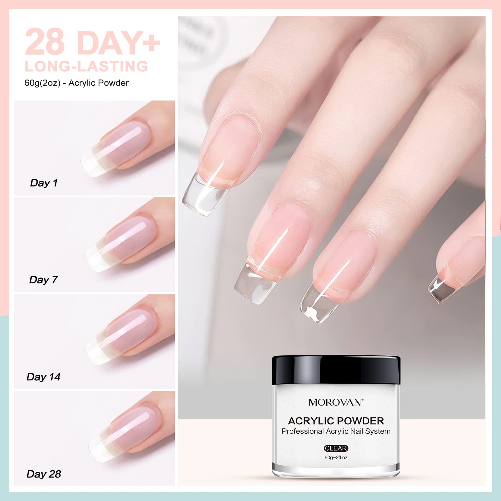 Morovan 4 Color Acrylic Powder Set for Nail Art Clear Pink Nude White 60g