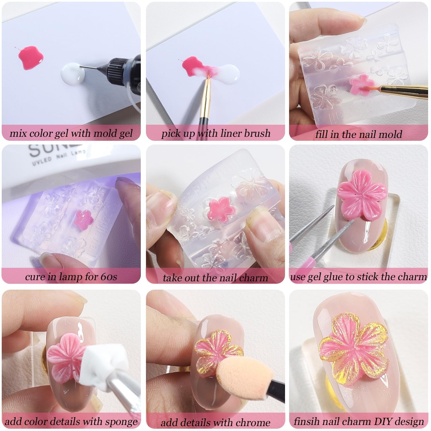 3D Gel Nail Art Starter Kit – 15ML Clear & White Sculpting Gel, Silicone Flower