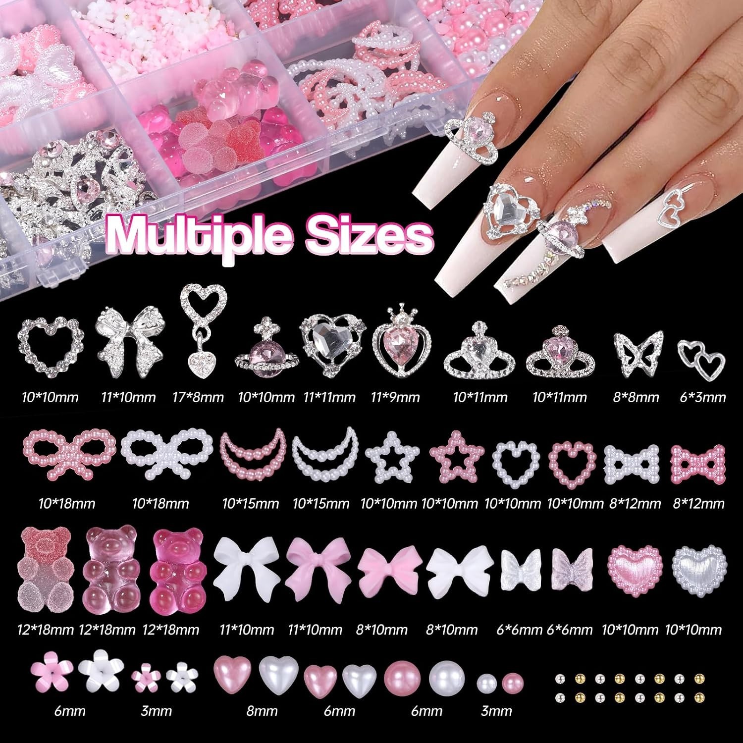 Silver Nail Gems Charms 3D Pink Pearl Bow Bear Nail Art Charms For Manicure |