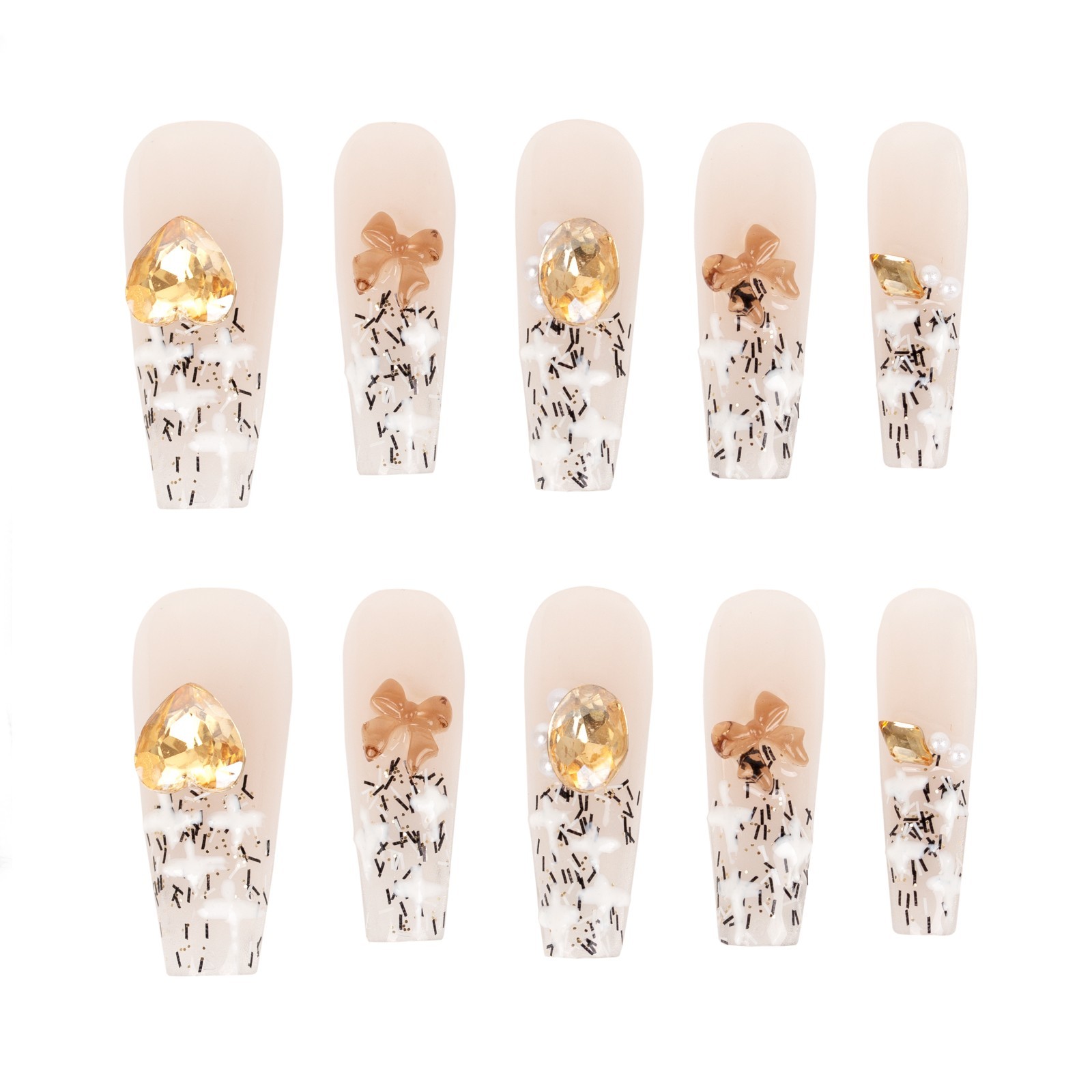 Caramel Latte Sprinkle Handmade Press On Nails Long Coffin Gold Glitter Size M