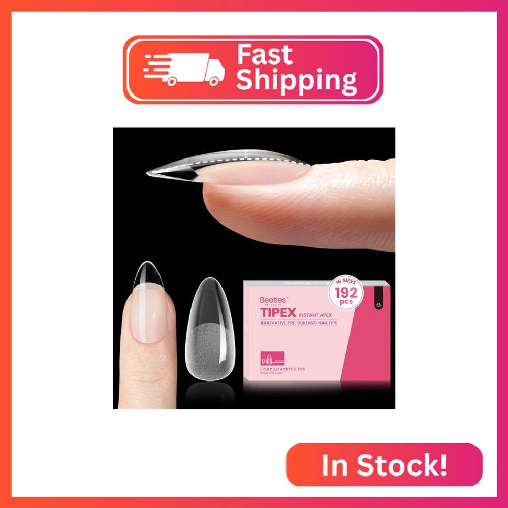 Beetles Tipex Instant Apex Nail Tips, Almond Medium, 192pcs 16 Sizes, Pre-Etched