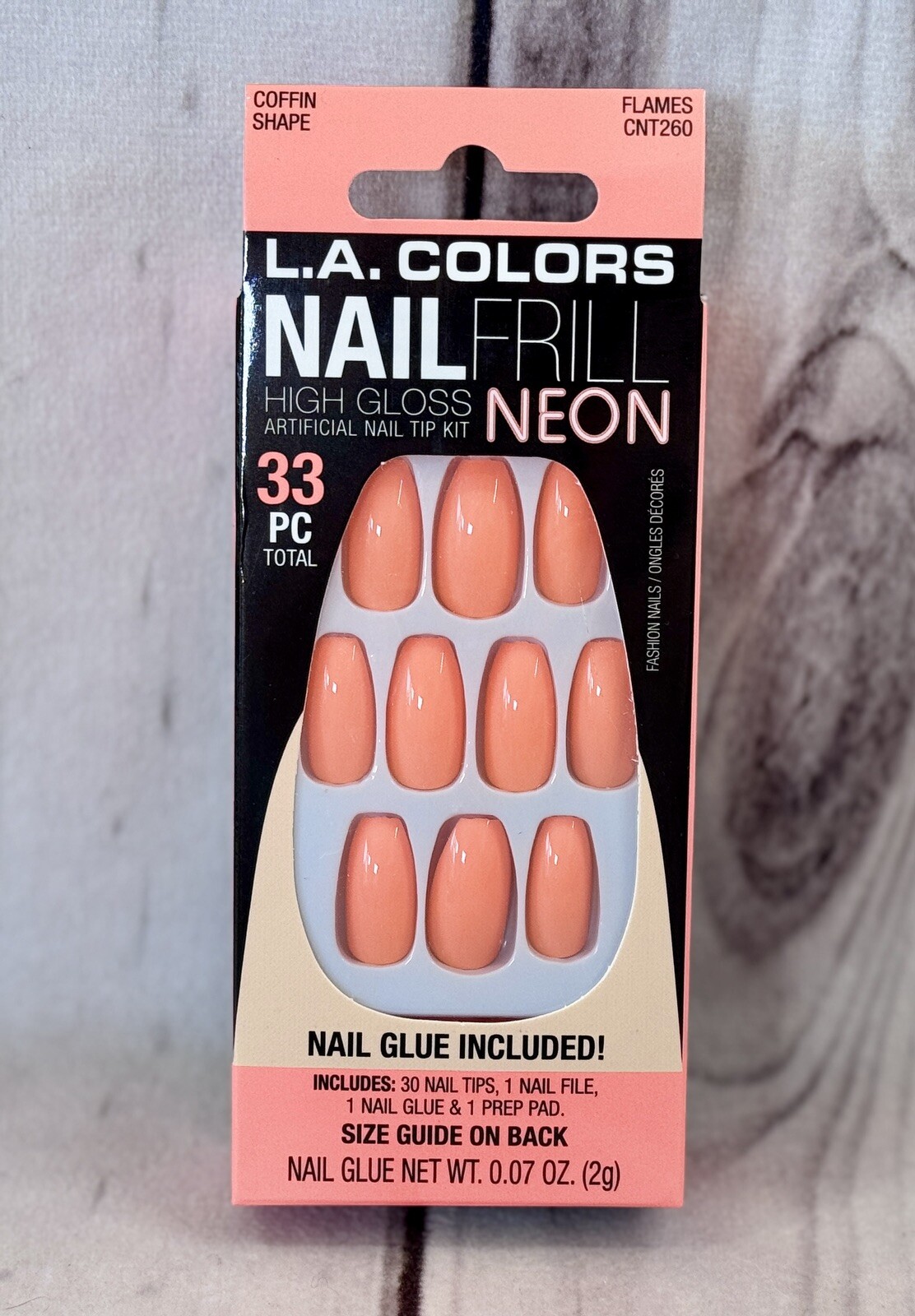 LA L.A. Colors Nail Frill Neon High Gloss 33pc Fake Nails FLAMES Coffin w/Glue