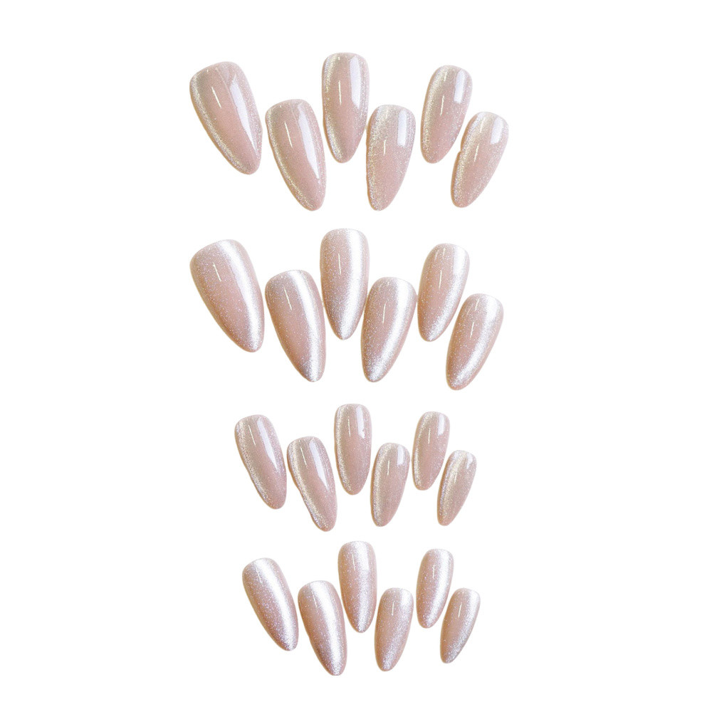 Pink Almond False Nail Glittering Cat Eye French Nail Tips Shimmer Fake Nail 24p