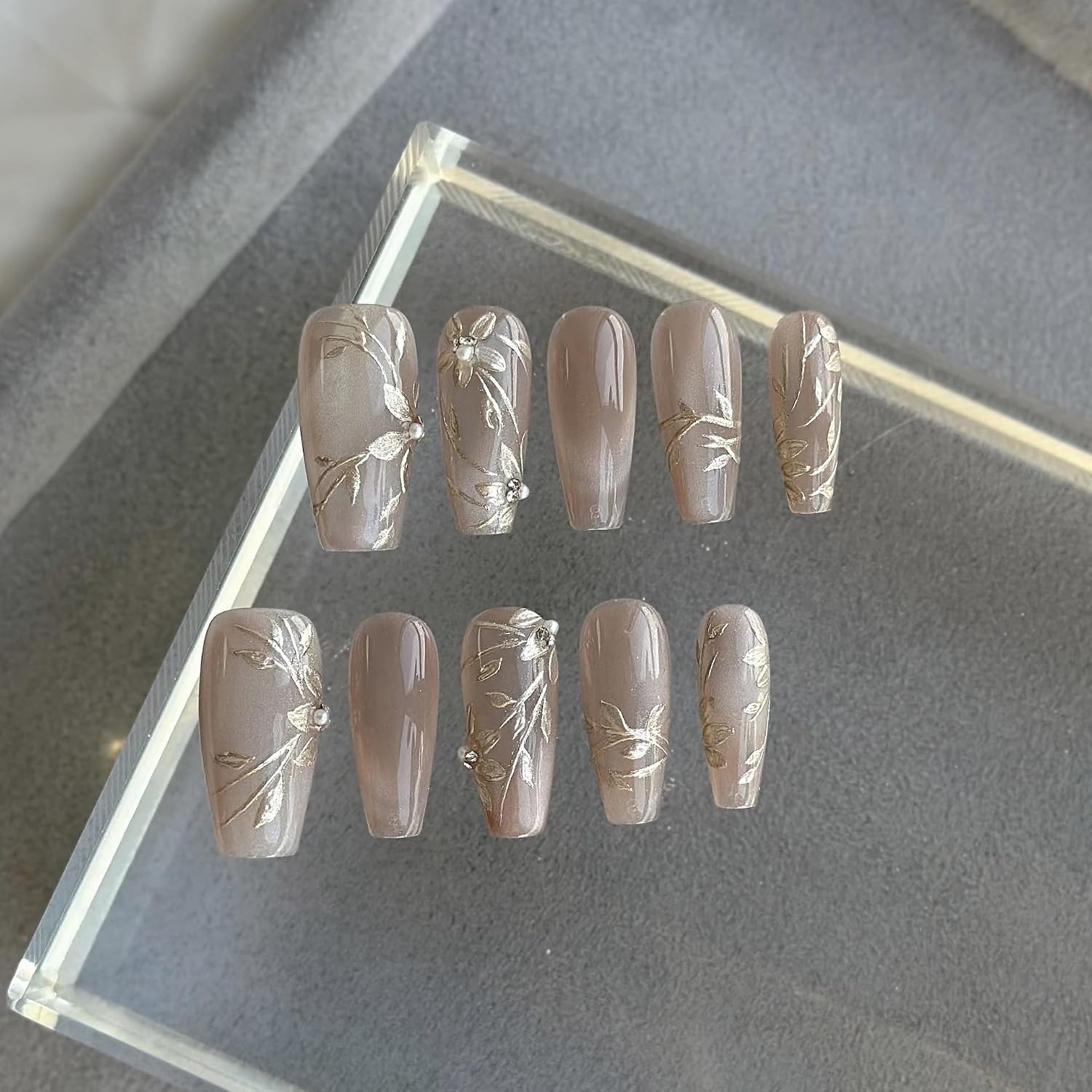 GLORS Nude Long Ballerina Press-On Nails, Gold Floral & Pearls, 10 Pcs