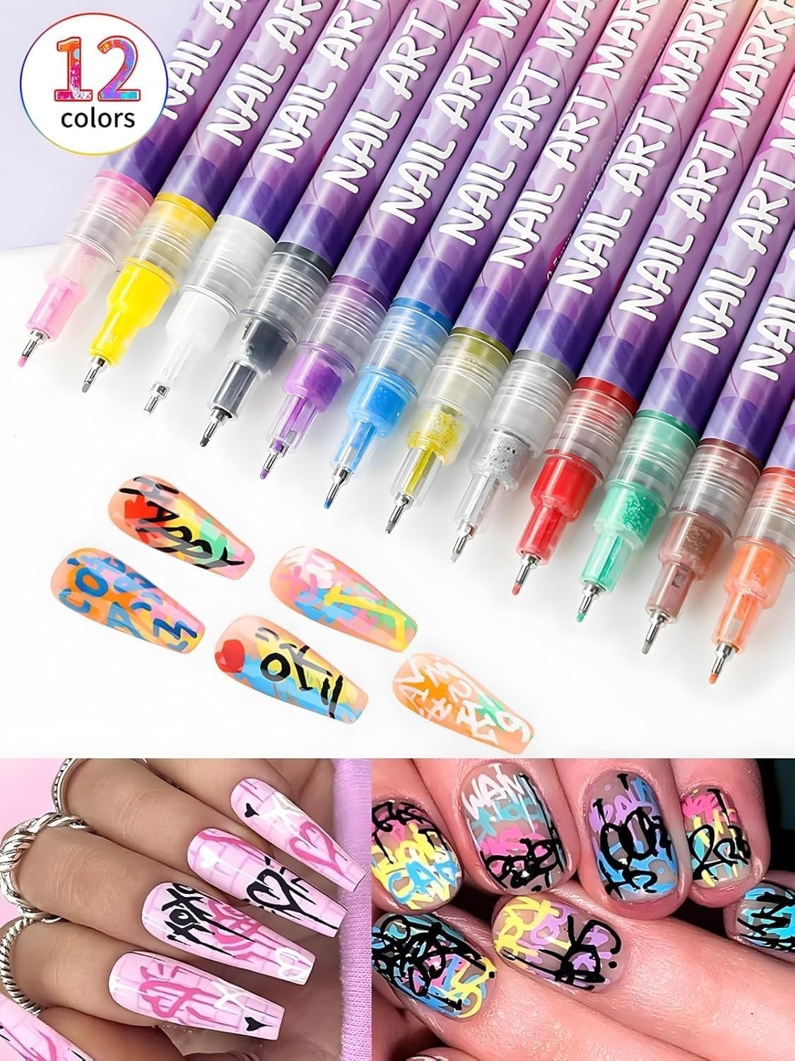 Nail Art Markers Pens for Painting Nails, 12 Colors 0.5 MM Nail Polish Pens Quic