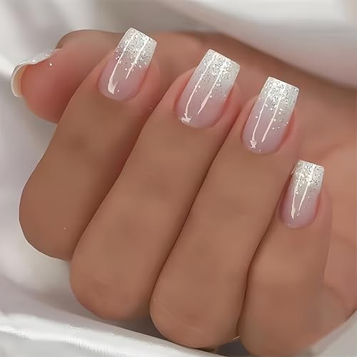 24Pcs Glitter White French Tip Press on Nails Square Gradient French Style
