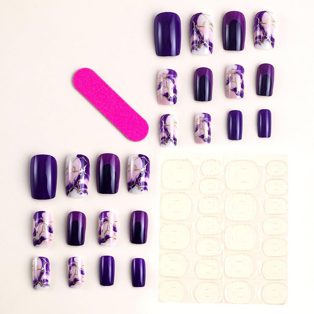 Purple and Gold Press on Nails Short Square Marble Medium Fake Nails | Gold Line