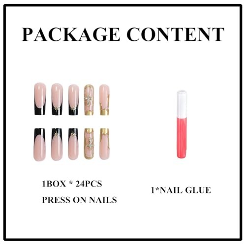 Press on Nails Long Square, Black Gold French Tip Fake Nails Glue 9009 Gold