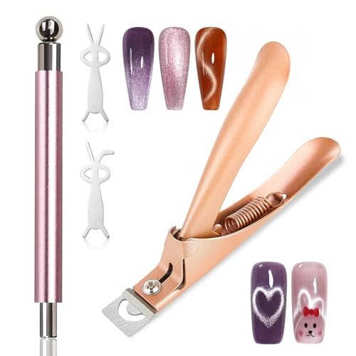 Cat Eye Magnet Nail Art Tools Set for Nails, 3 in 1 Pink Double-Head Gold