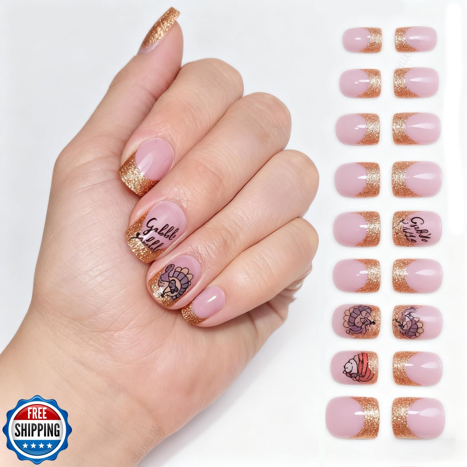 SHUXILIN Thanksgiving Press on Nails Short Square Fake Nails with Turkey Pizz