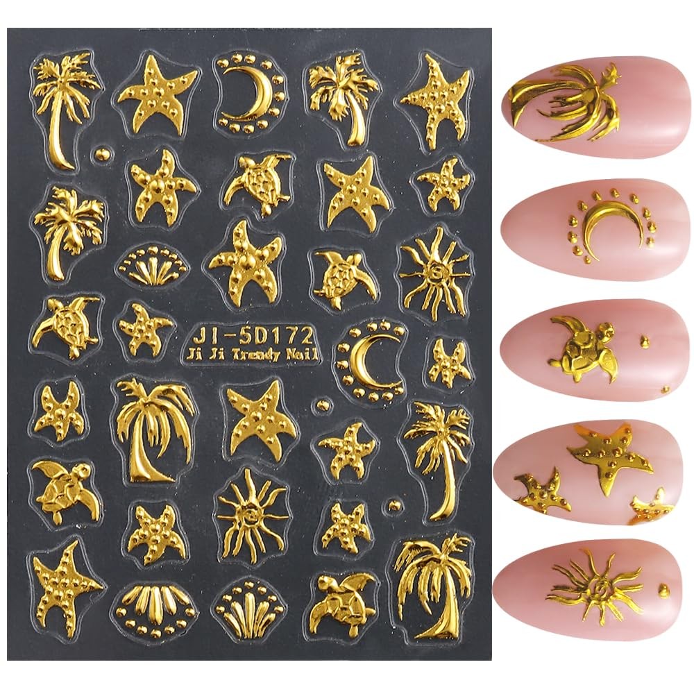 Summer Nail Stickers for Nail Art, 5D Embossed Gold Ocean Nail Decals Starfis…