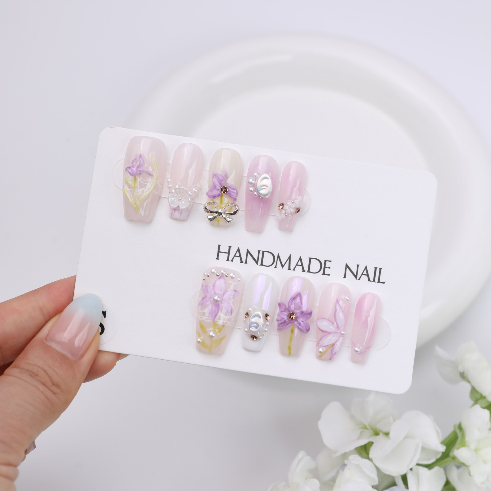 Handmade Pink Purple Lily Press On Nails Medium Coffin Pearl Bow Fairy Elegant