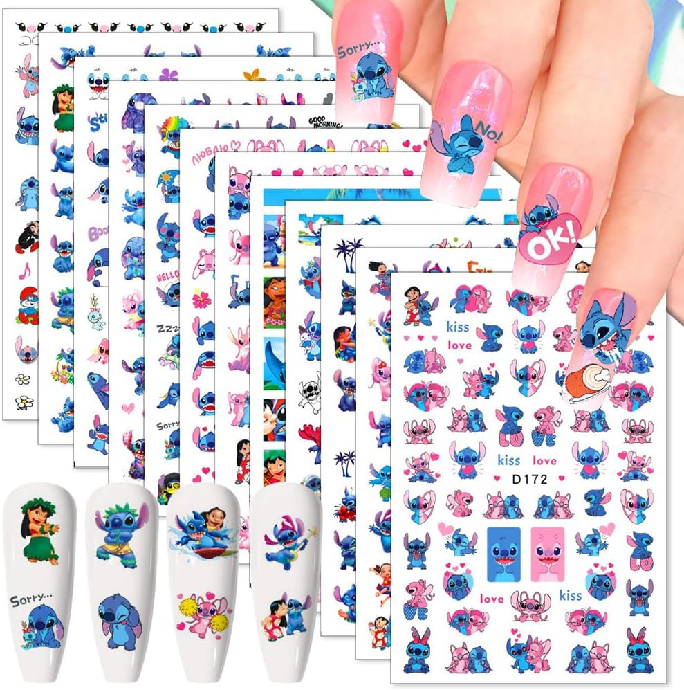12 Sheets Blue Monster Nail Stickers Decals 3D Cartoon Pink Blue Animal Self Adh