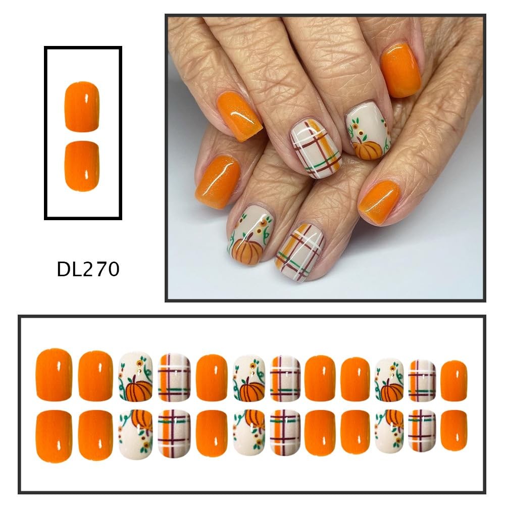Thanksgiving Fall Press on Nails Short Square Fake Orange Style 6