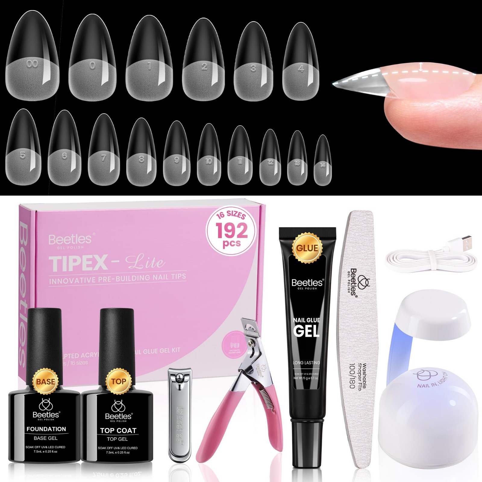 Acrylic Nail Tips Kit – 192pcs Almond Medium, UV Glue, Base & Top Coat, Mini Lam