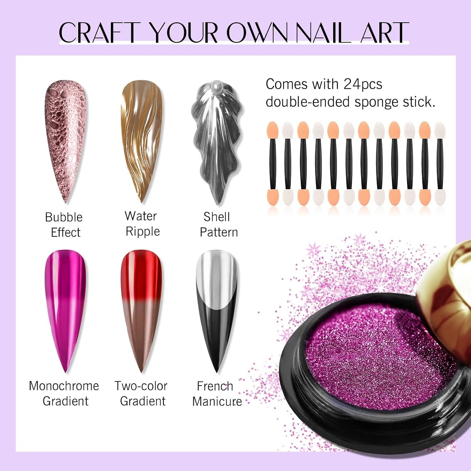 Chrome Nail Powder Set: 24 Colors Metallic Mirror Effect Holographic Iridesce…