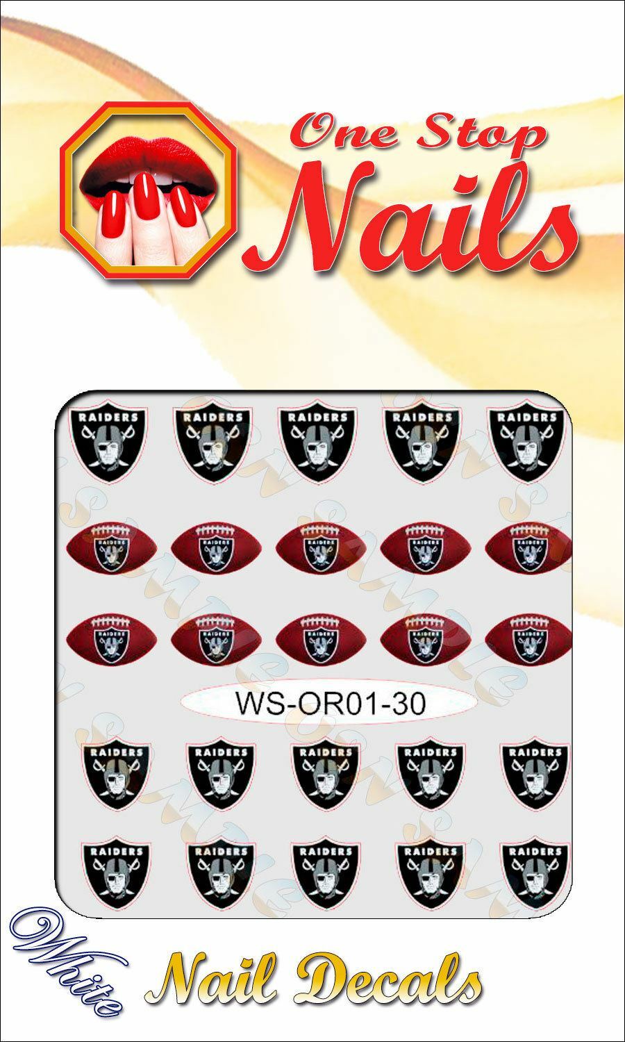 Oakland Raiders Vinyl Peel & Stick Nail Art Decals pre-cut white BG WS-OR01-30