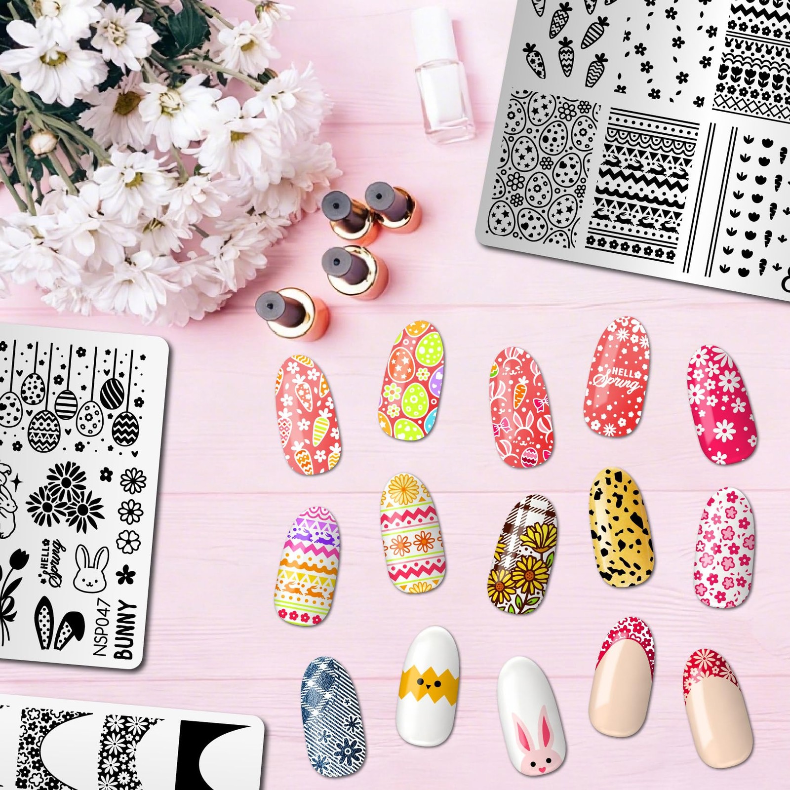 Spring & Easter Nail Stamping Plates Set of 3 – Flowers,Leaves, Bunnies, Eggs…