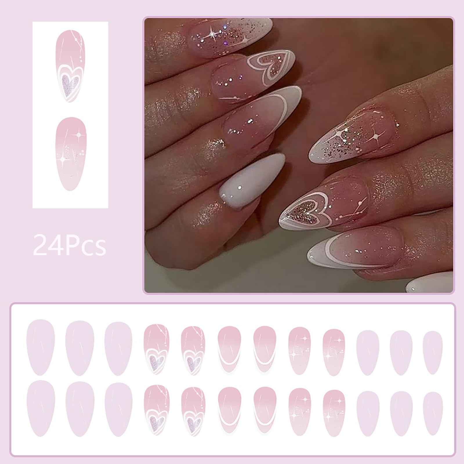 24 Pcs Valentine’s Day Press on Nails Almond False Nails Heart Fake Nails wit…