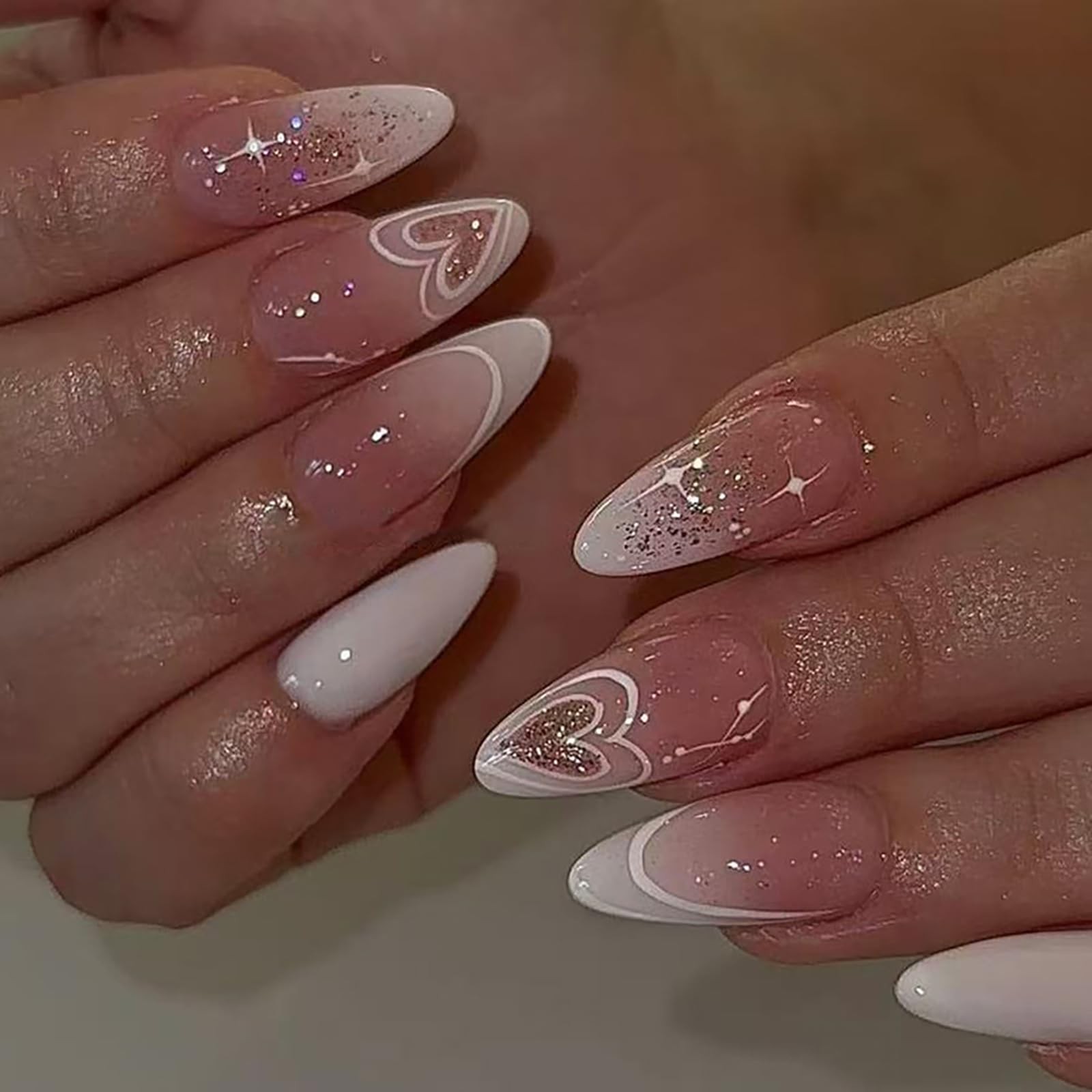 24 Pcs Valentine’s Day Press on Nails Almond False Nails Heart Fake Nails wit…