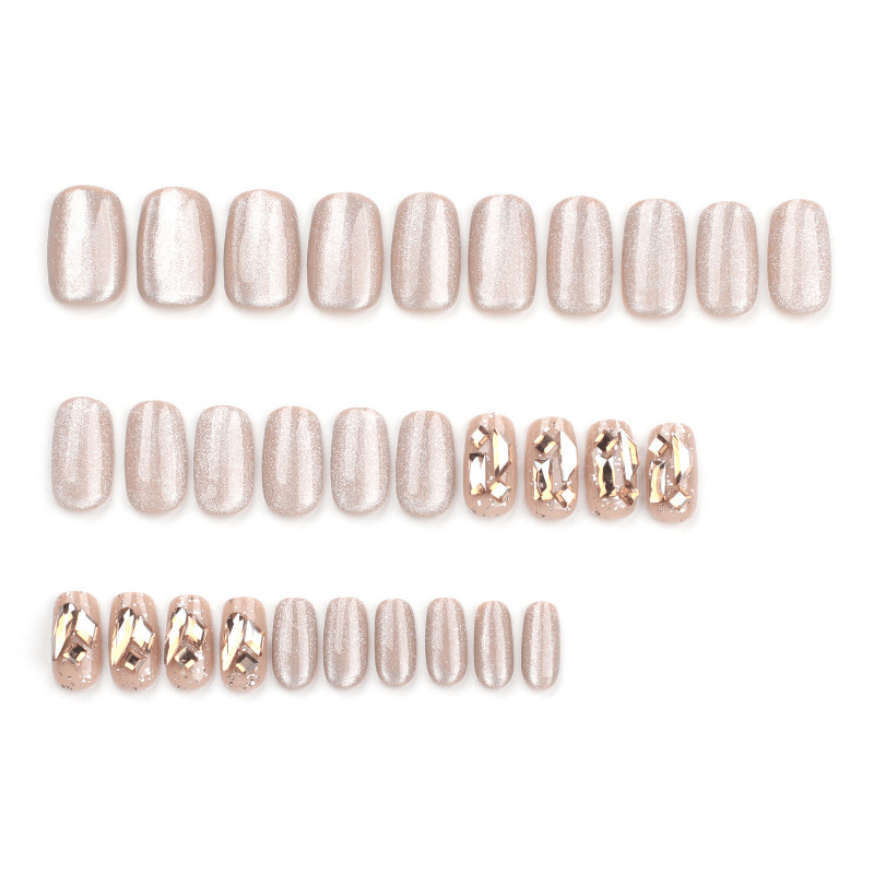 60Pcs-Medium Coffin Nude Shimmer Gold Foil Rhinestone Press on Nails Set