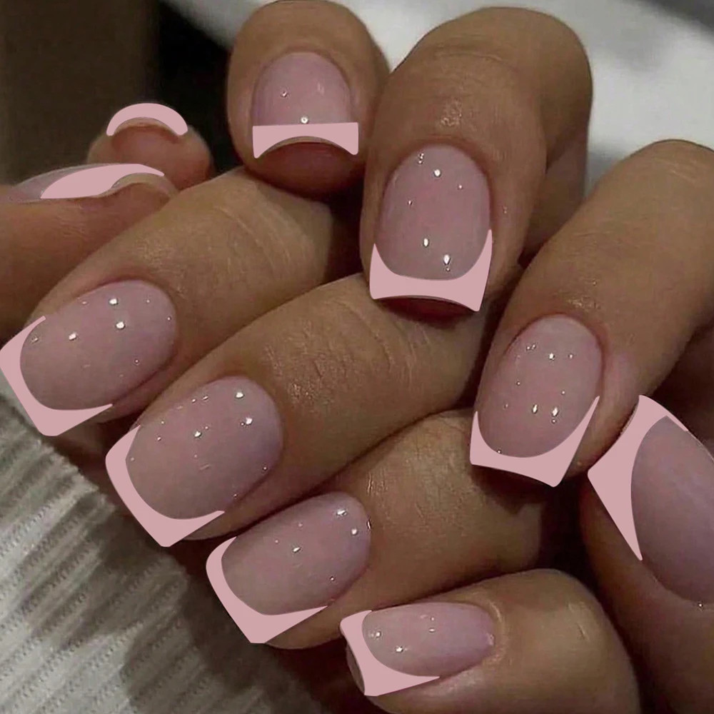 24pcs Short Square Press On Nails Cute Bride Heart White French Tips False