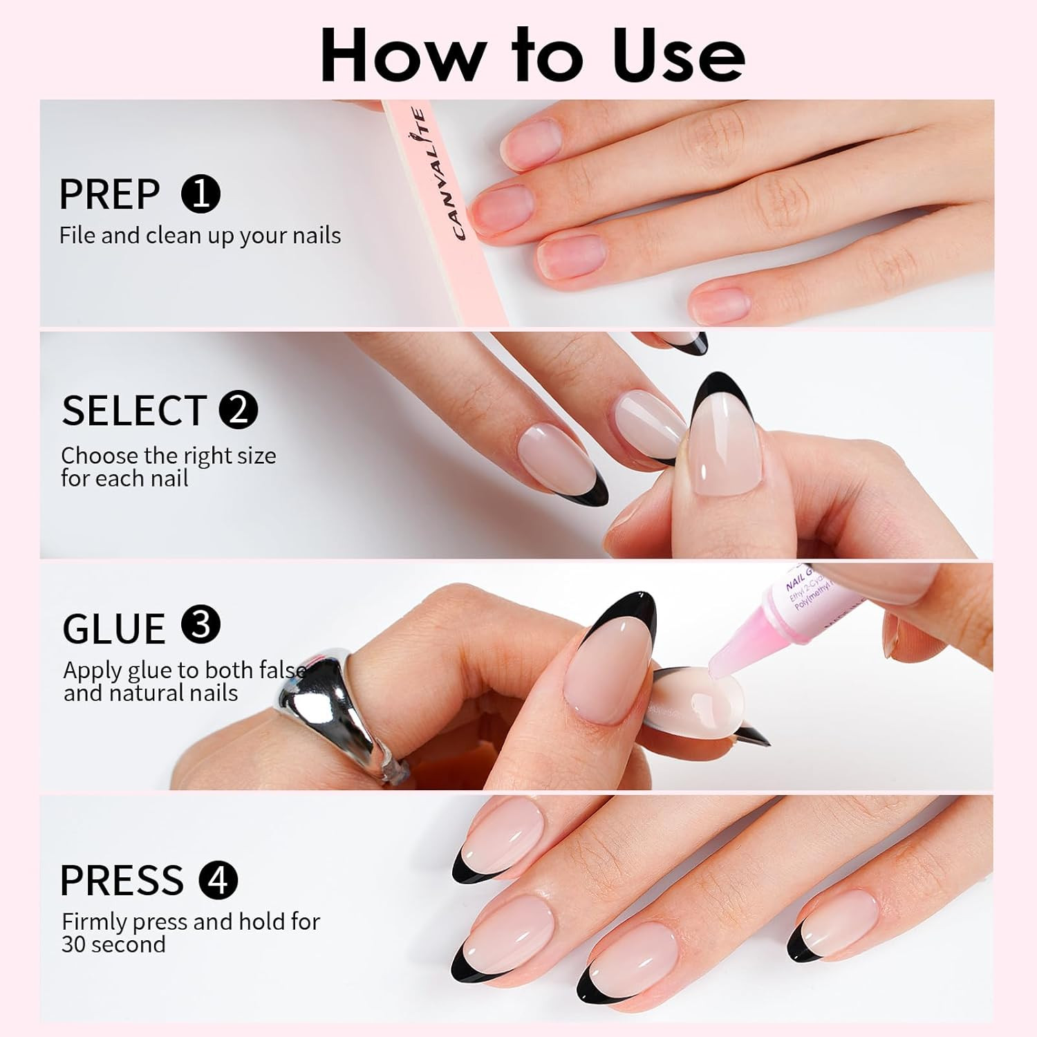 Black French Tip Press on Nails, 30Pcs Short Press on Nails Almond Reusable Acry