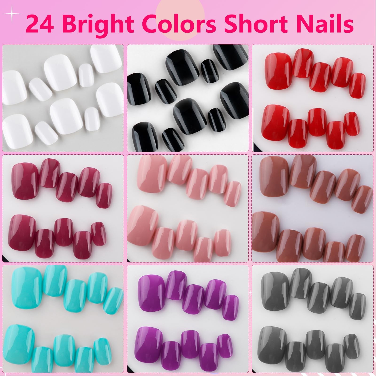 576pcs Short Press on Nails 24 Color Glossy Fake Nails Full Cover Solid Color…