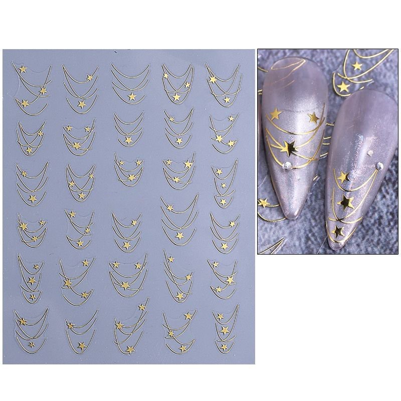 Small Stars Chain Nail Art Stickers Swirl Curve Line Gold Silver 2 Colors