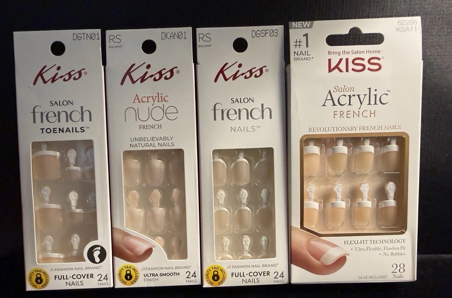 *4* KISS French Press-On Nails Short Square Full Cover Glue Finger/Toe DKAN01