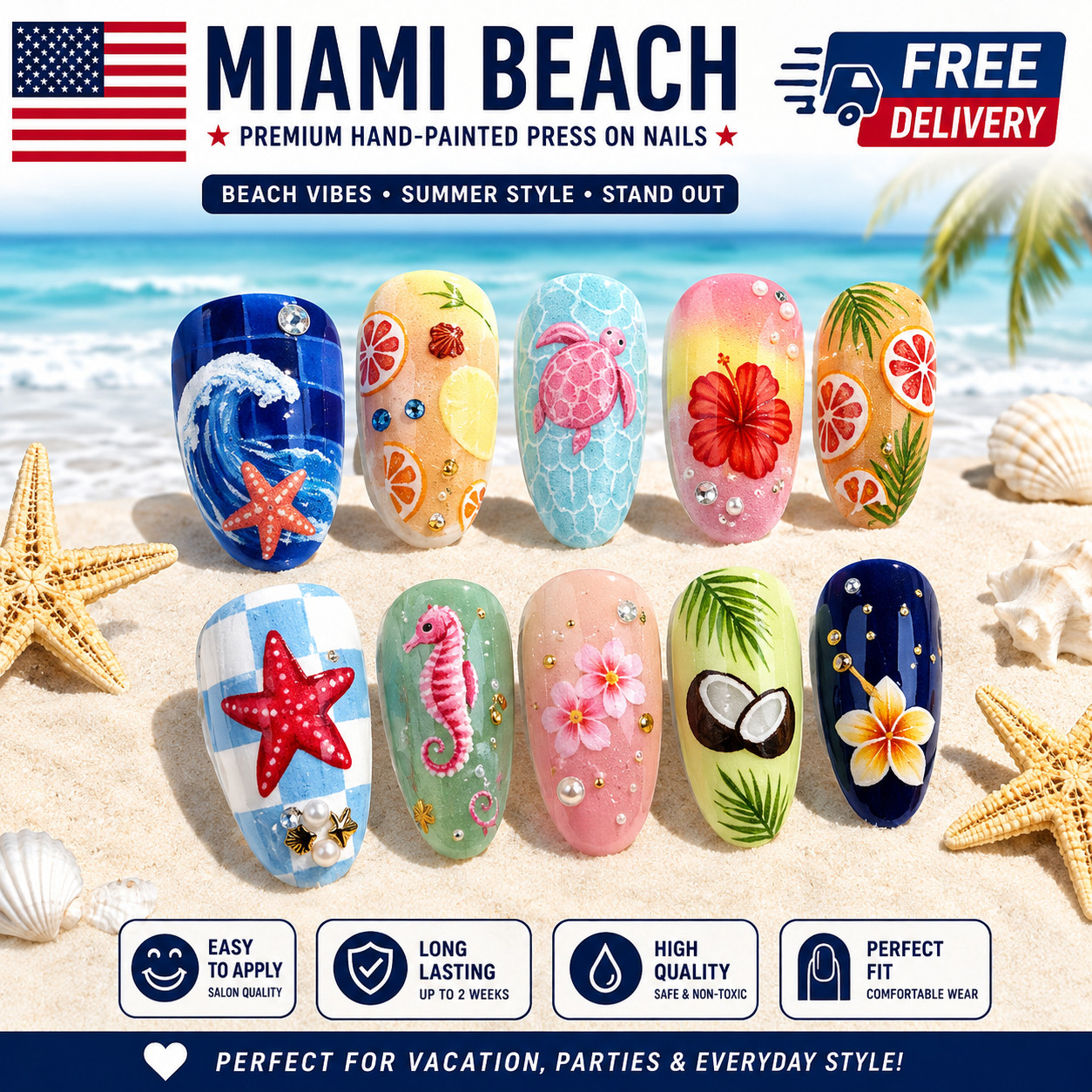 24PCS Summer Beach Press On Nails Almond Starfish Turtle Tropical Fake Nails