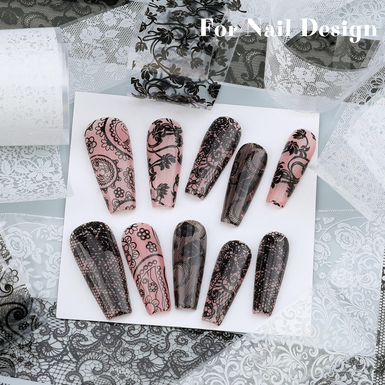 Lace Nail Foil Transfer Sheets, 10 Rolls Black White Flower Art