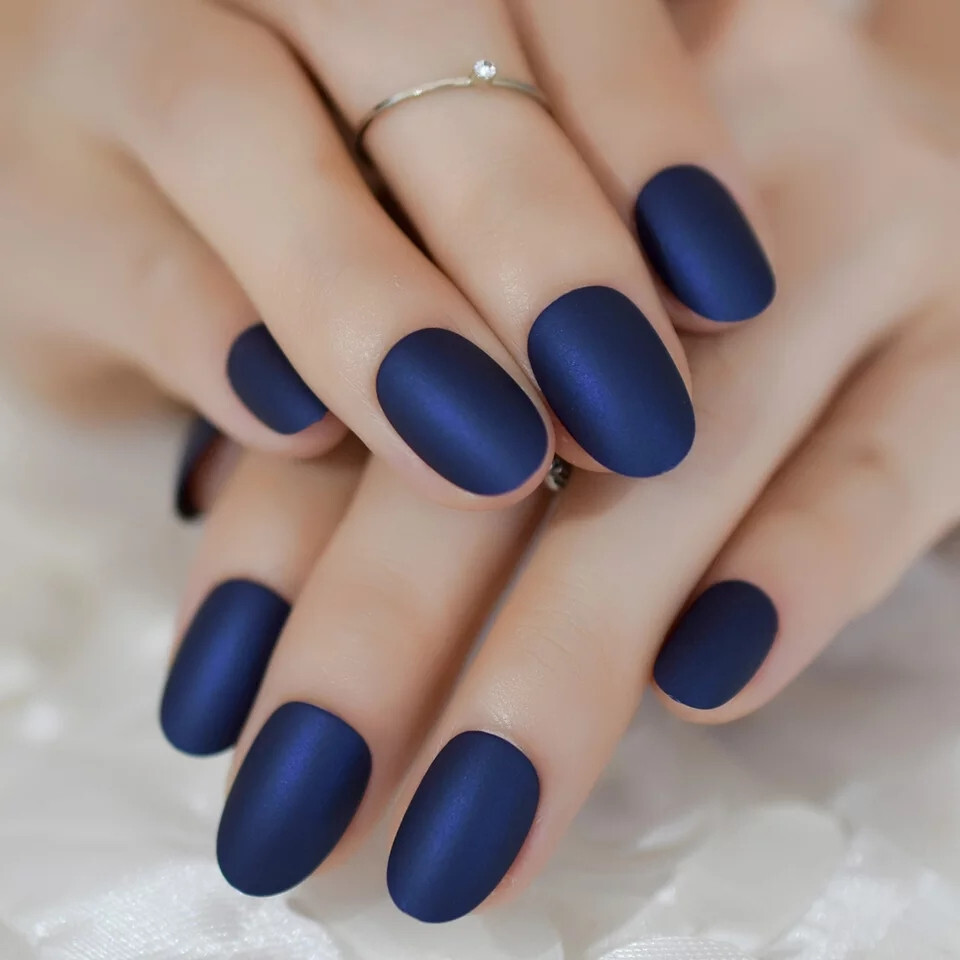 24 Short Press on nails kit w/ glue dark blue satin oval