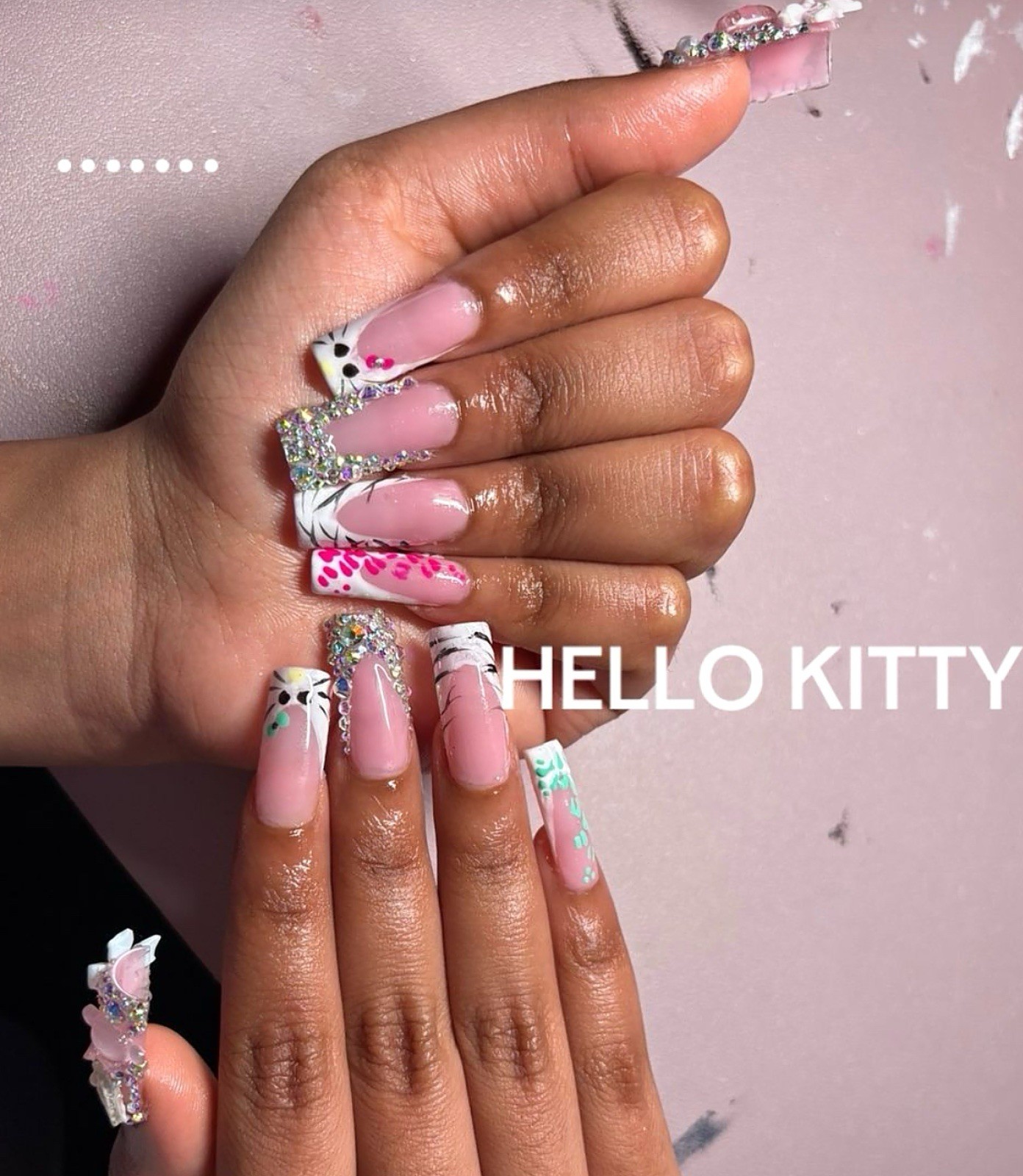 Hello Kitty Long Square Press-On Nails Pink 3D Full Cover Pre-Designed