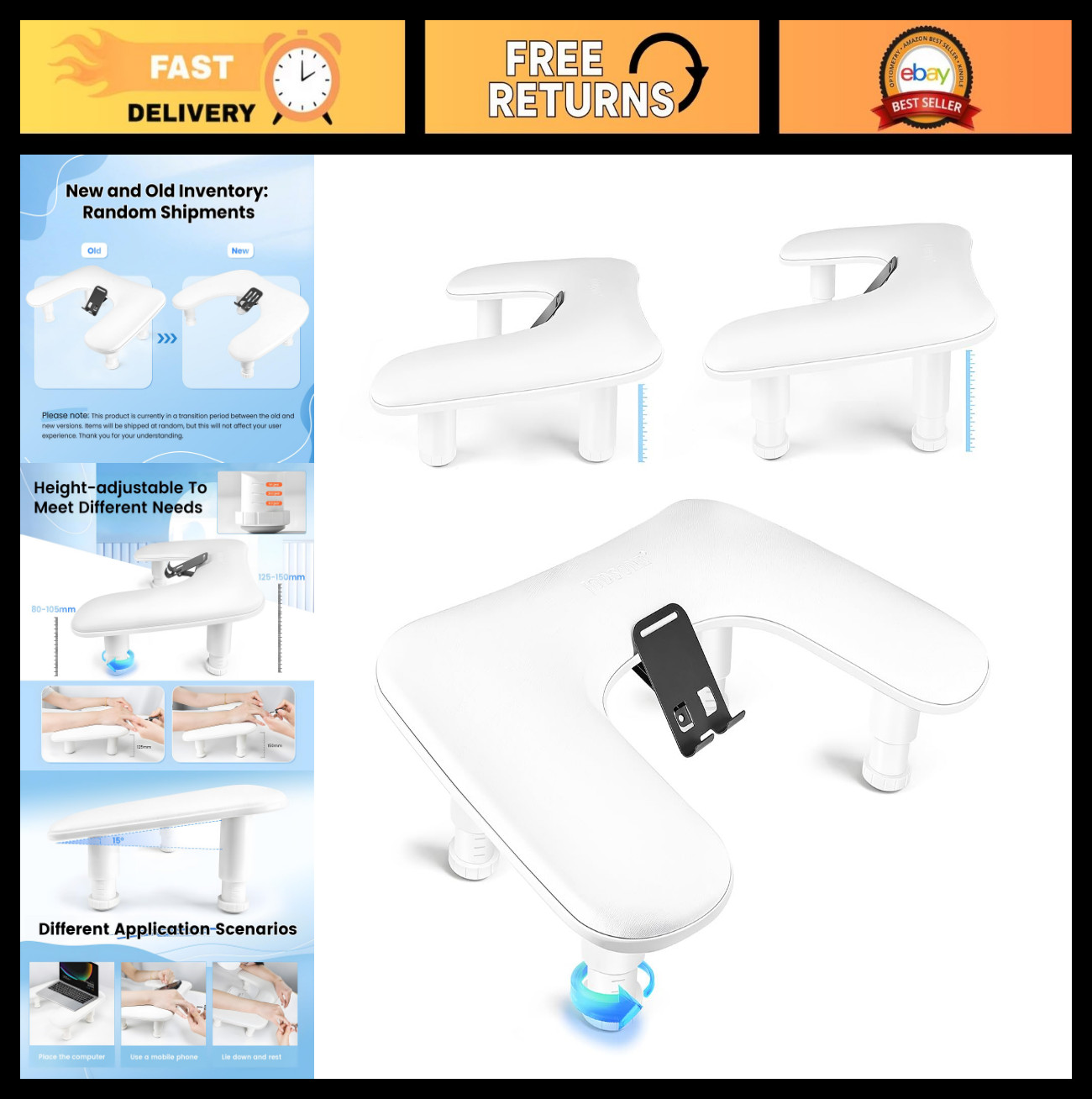 U-Shaped White Manicure Arm Rest with 360° Phone Holder & Adjustable Design for