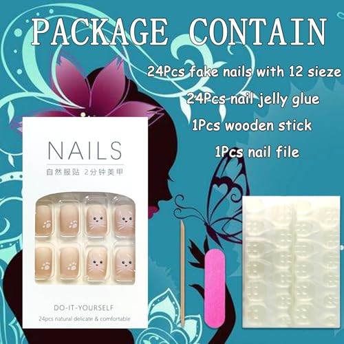 Press on Nails Square Short Length Acrylic Glossy Full Cover Cute White Cat