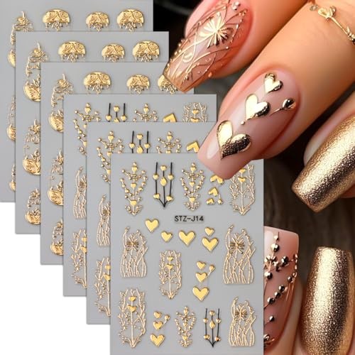 6 Sheets Nail Stickers 3D Nail Decals Bronzing Heart Metallic Love Leaf Gold