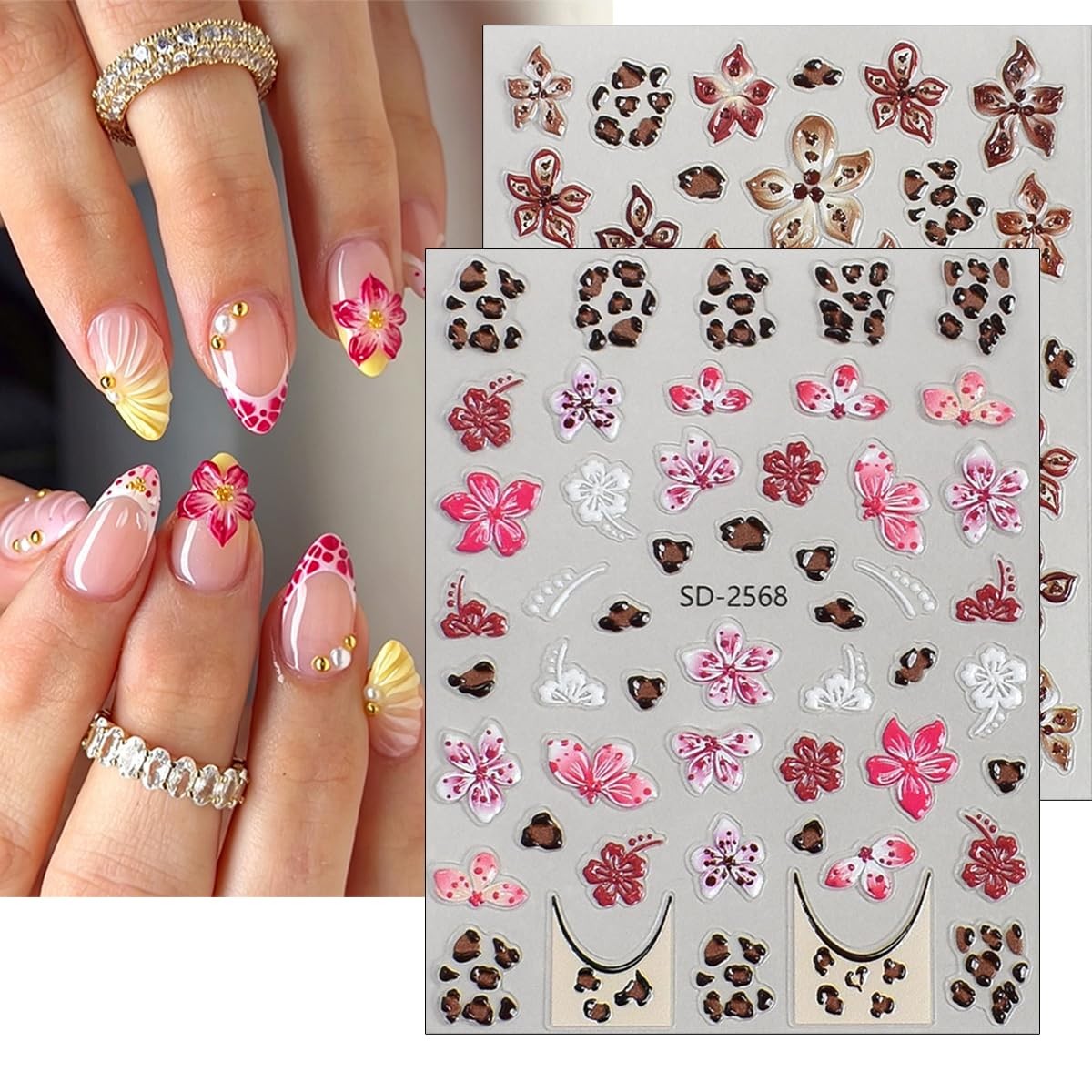 Leopard Print Flower Nail Art Stickers, 3 Sheets