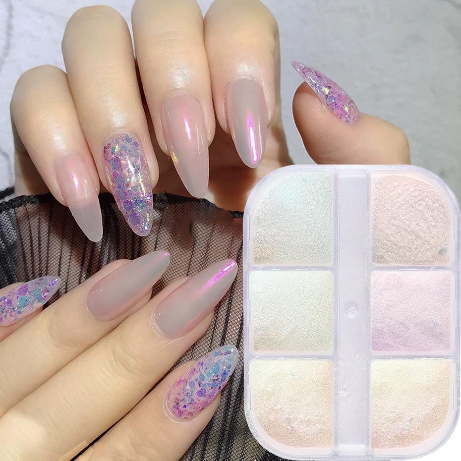 6-Color Aurora Nail Powder Holographic Chrome Mermaid Shell Pigment for Nail Art