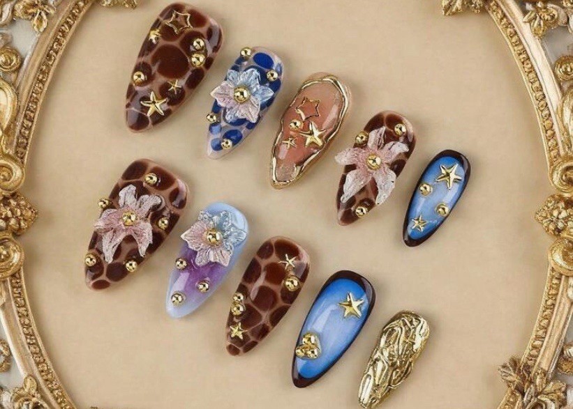 3D Flower Press-On Nails Full Cover Pre-Designed Long Almond Brown Blue Gold