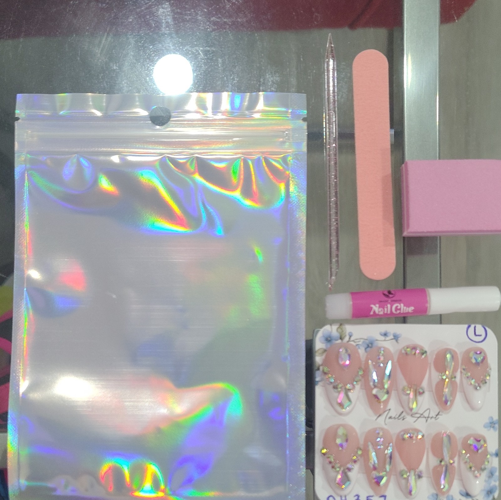 3D Rhinestone Press-On Nails Pink White Long Almond Full Cover Size Large