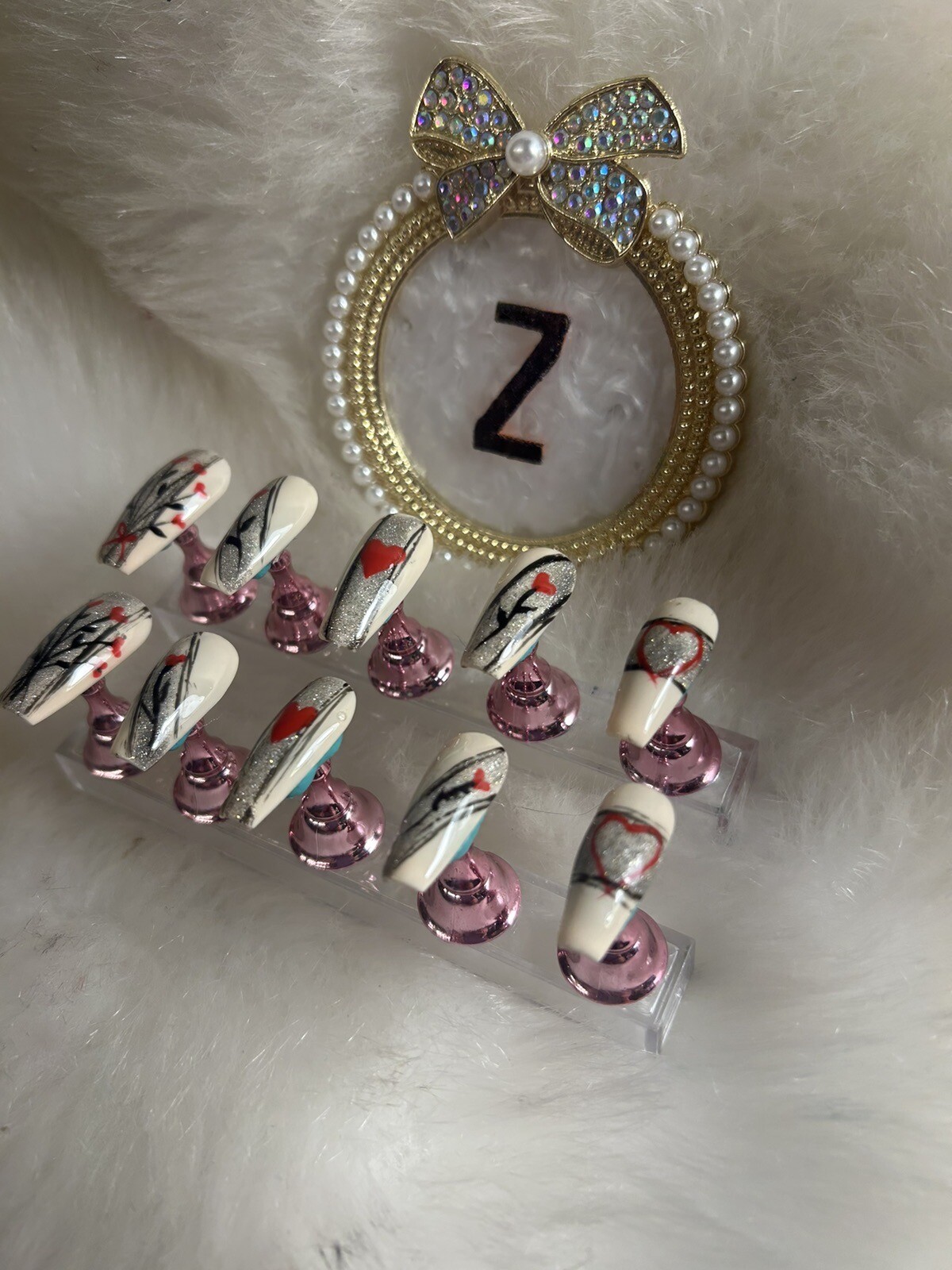 Z NAILZ! Handmade Beige M Coffin With Black/ Red Love Heart V Day Press On Nails